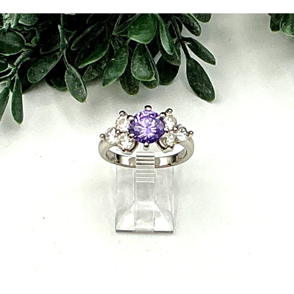 Silver Tone Ring With Purple & Clear Cubic Zirconia Stones